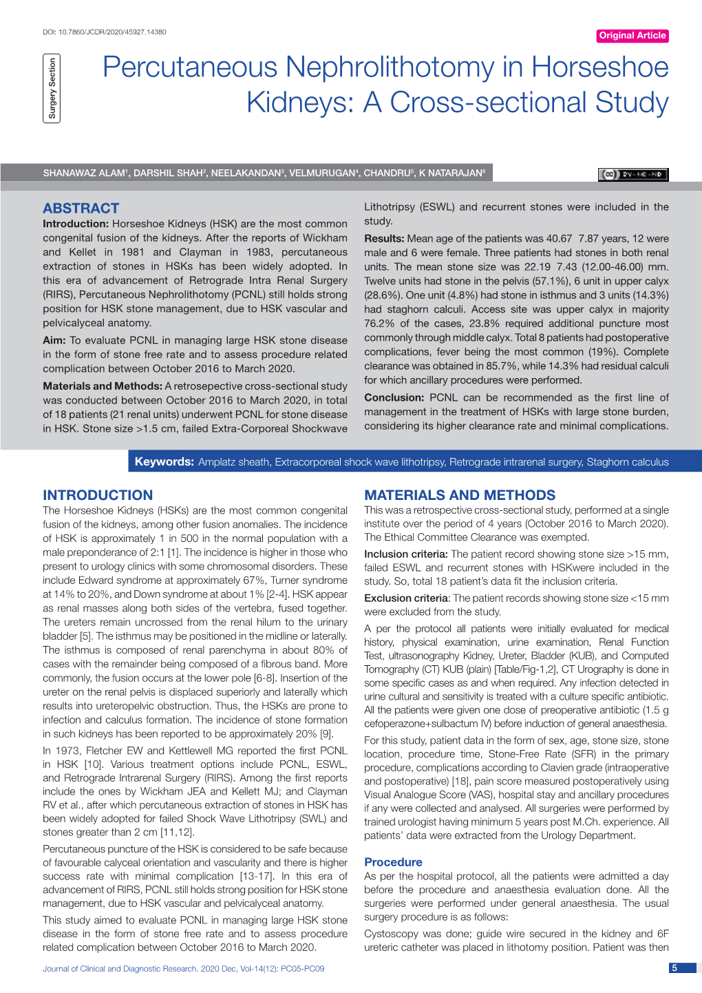 Percutaneous Nephrolithotomy in Horseshoe Kidneys: a Cross-Sectional Study Surgery Section