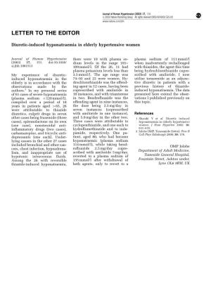 Diuretic-Induced Hyponatraemia in Elderly Hypertensive Women