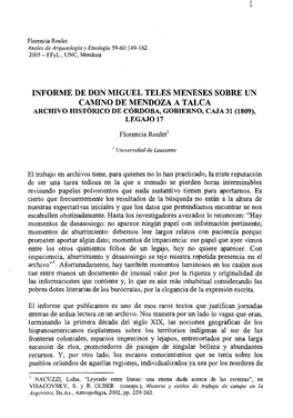 Informe De Don Miguel Teles Meneses Sobre Un Camino De Mendoza a Talca Archivo Histórico De Córdoba, Gobierno, Caja 31 (1809), Legajo 17
