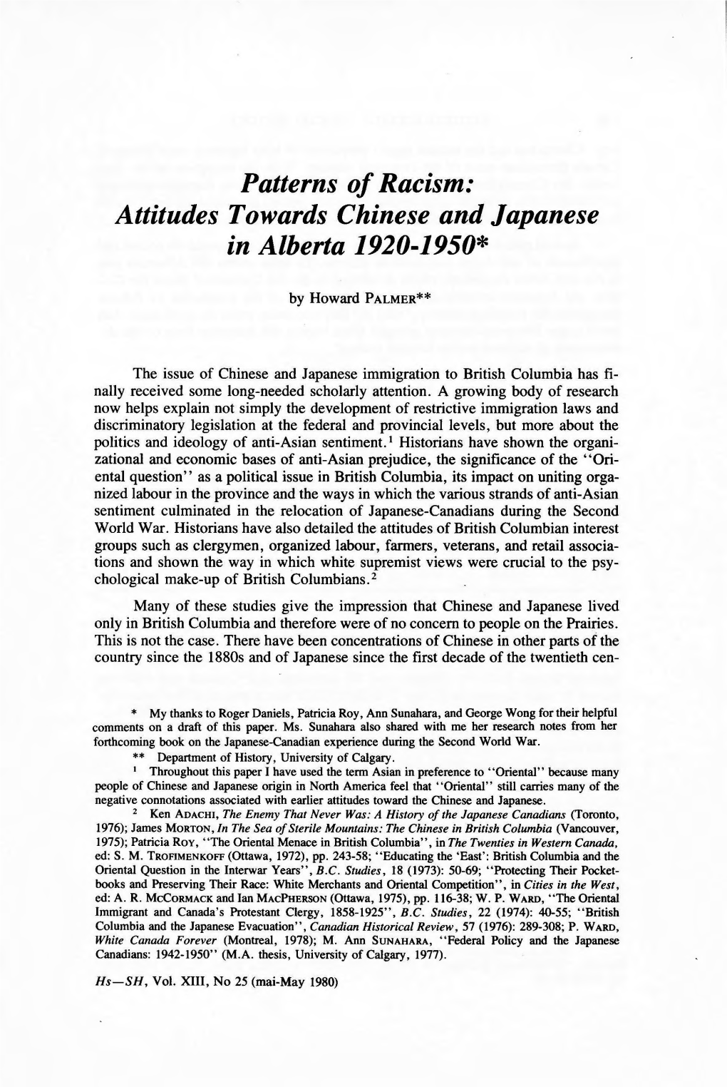 Patterns of Racism: Attitudes Towards Chinese and Japanese in Alberta 1920-1950*