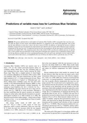 Predictions of Variable Mass Loss for Luminous Blue Variables