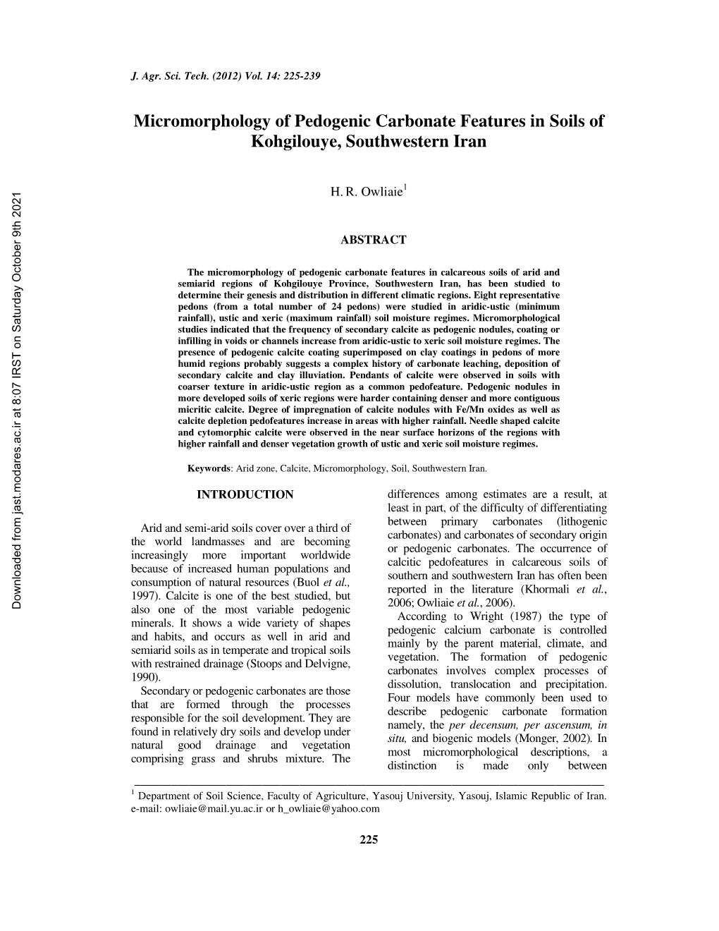 Micromorphology of Pedogenic Carbonate Features in Soils of Kohgilouye, Southwestern Iran