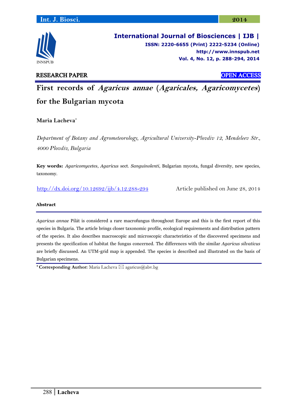 First Records of Agaricus Annae (Agaricales, Agaricomycetes) for the Bulgarian Mycota