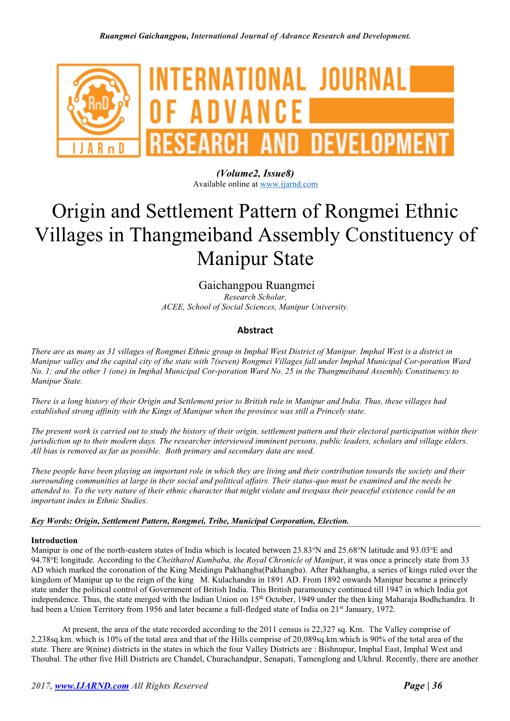 Origin and Settlement Pattern of Rongmei Ethnic Villages