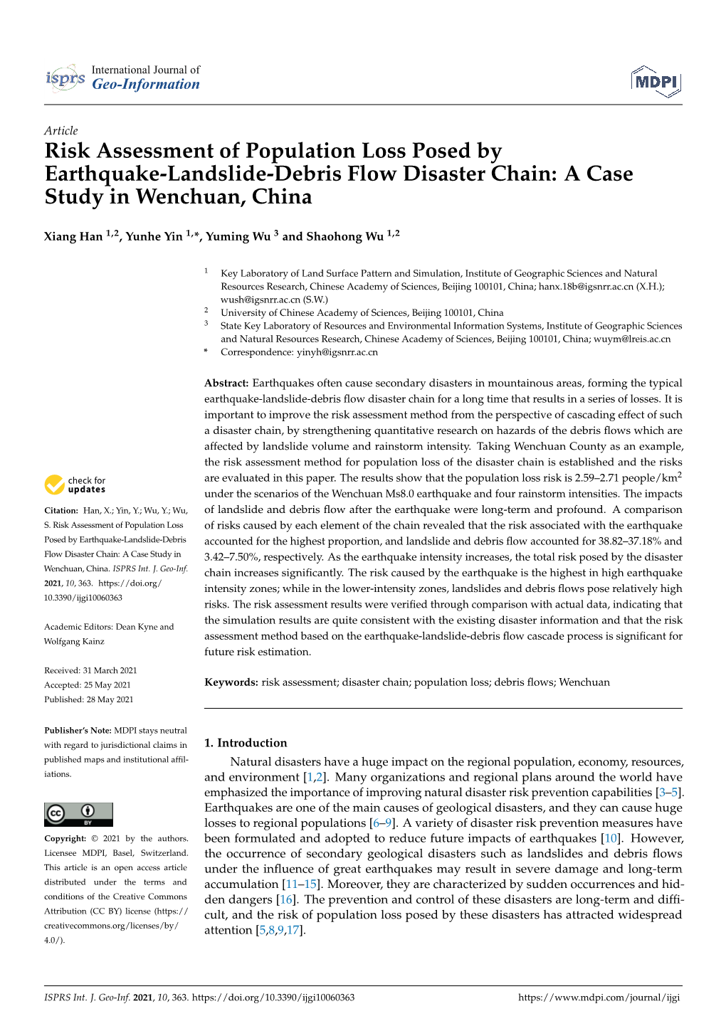 Risk Assessment of Population Loss Posed by Earthquake-Landslide-Debris Flow Disaster Chain: a Case Study in Wenchuan, China