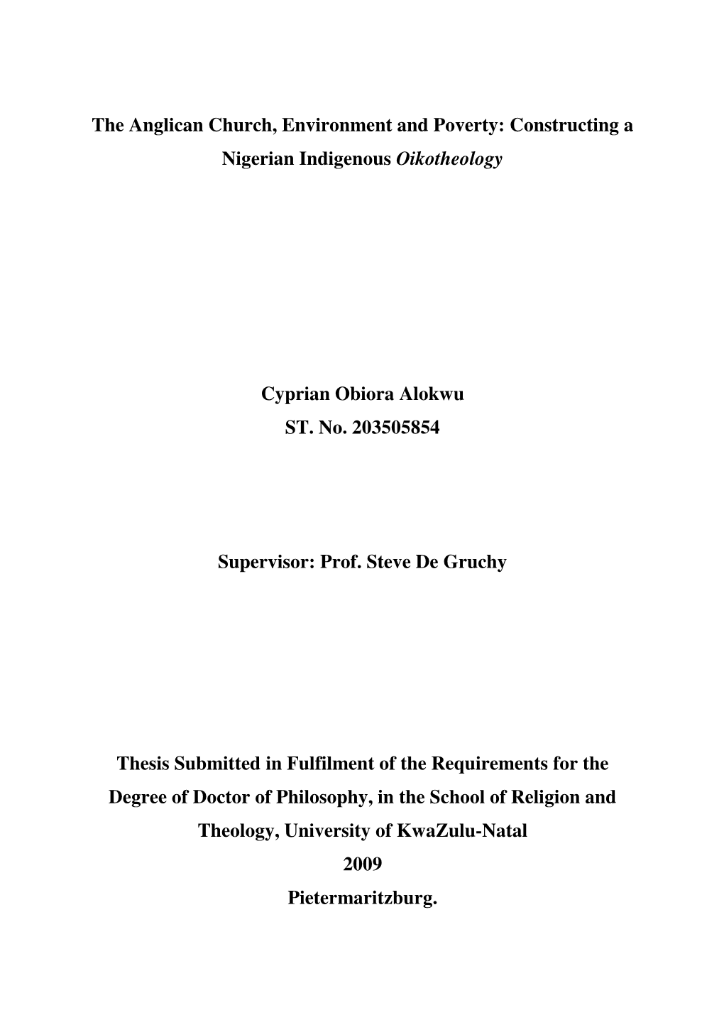 The Anglican Church, Environment and Poverty: Constructing a Nigerian Indigenous Oikotheology