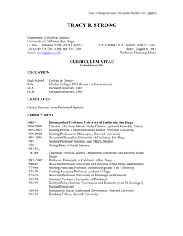 Tracy B. Strong, Curriculum Vitae, Printed October 7, 2013 - Page 1