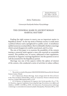 Anna Tarwacka the CENSORIAL MARK in ANCIENT ROMAN MARITAL MATTERS*