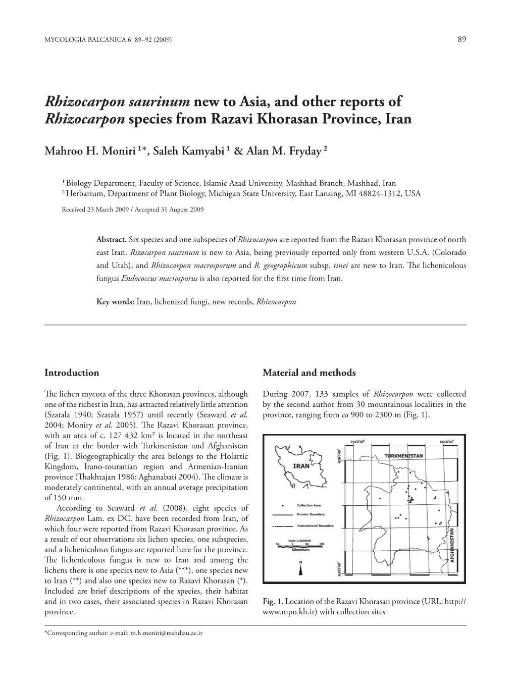 Rhizocarpon Saurinum New to Asia, and Other Reports of Rhizocarpon Species from Razavi Khorasan Province, Iran