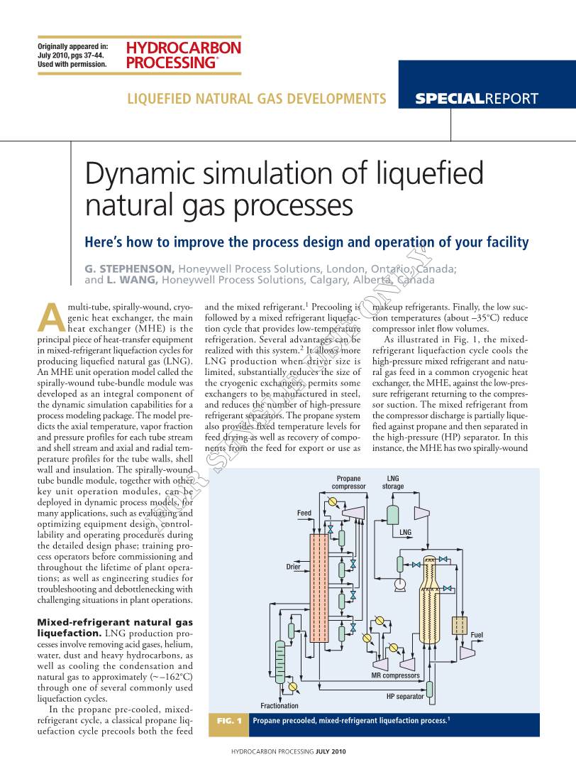 Dynamic Simulation of Liquefied Natural Gas Processes Here’S How to Improve the Process Design and Operation of Your Facility