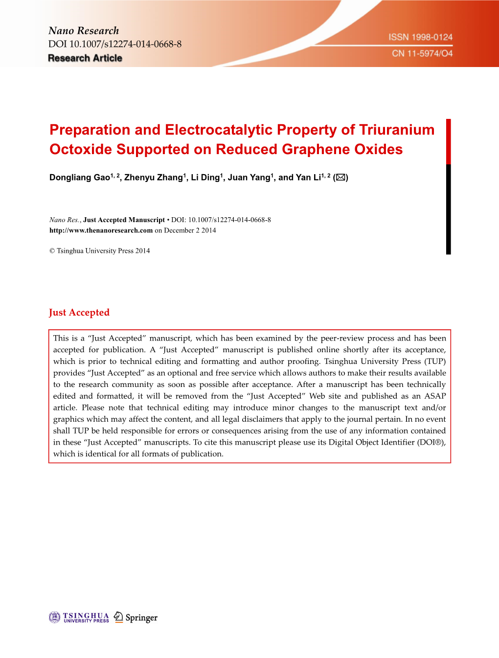 Preparation and Electrocatalytic Property of Triuranium Octoxide Supported on Reduced Graphene Oxides