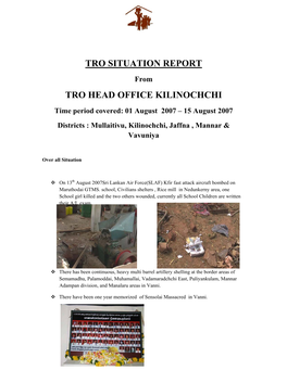 Tro Situation Report Tro Head Office Kilinochchi