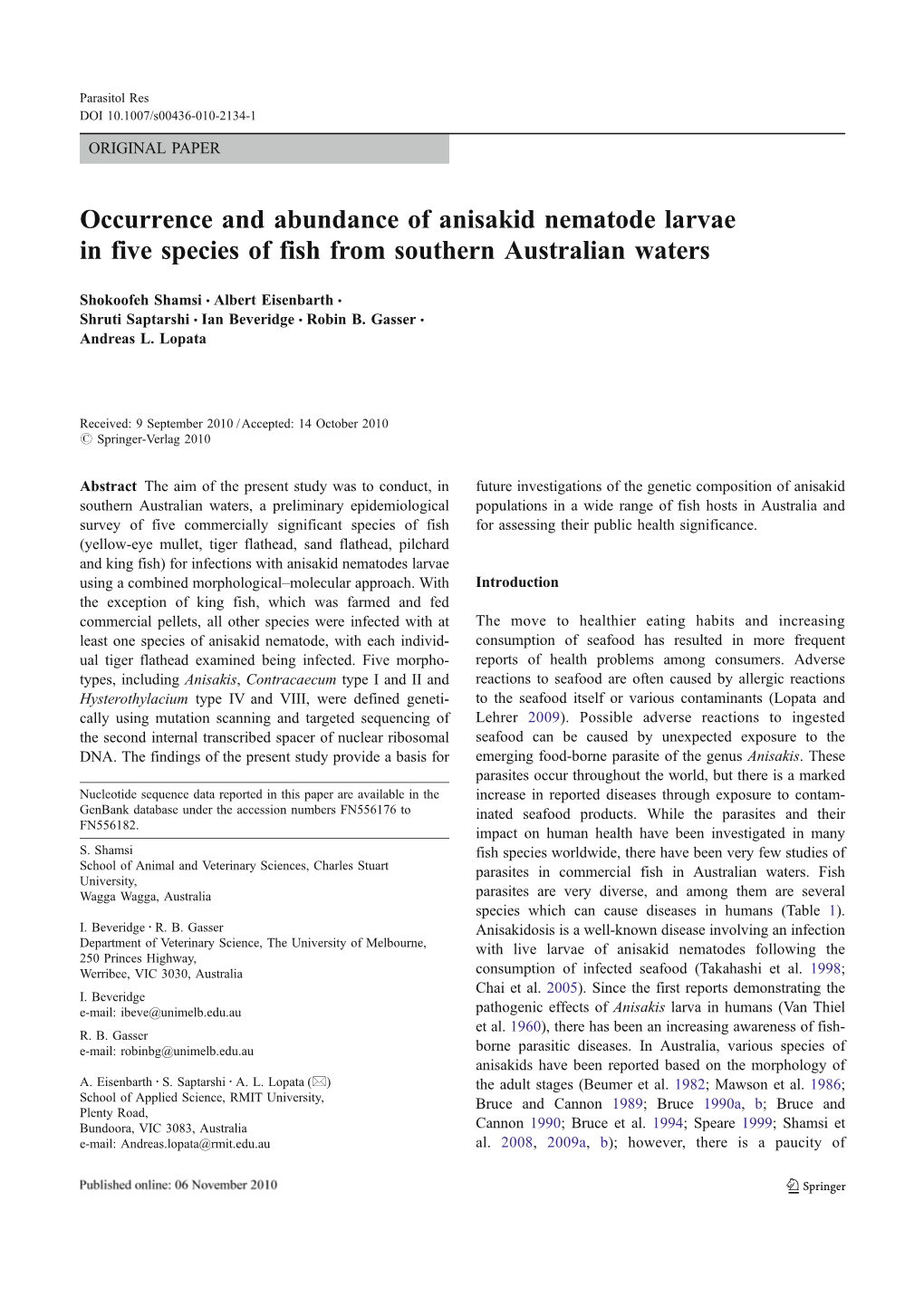 Occurrence and Abundance of Anisakid Nematode Larvae in Five Species of Fish from Southern Australian Waters