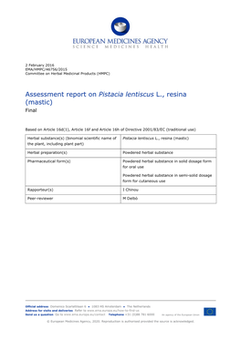Assessment Report on Pistacia Lentiscus L., Resina (Mastic) Final