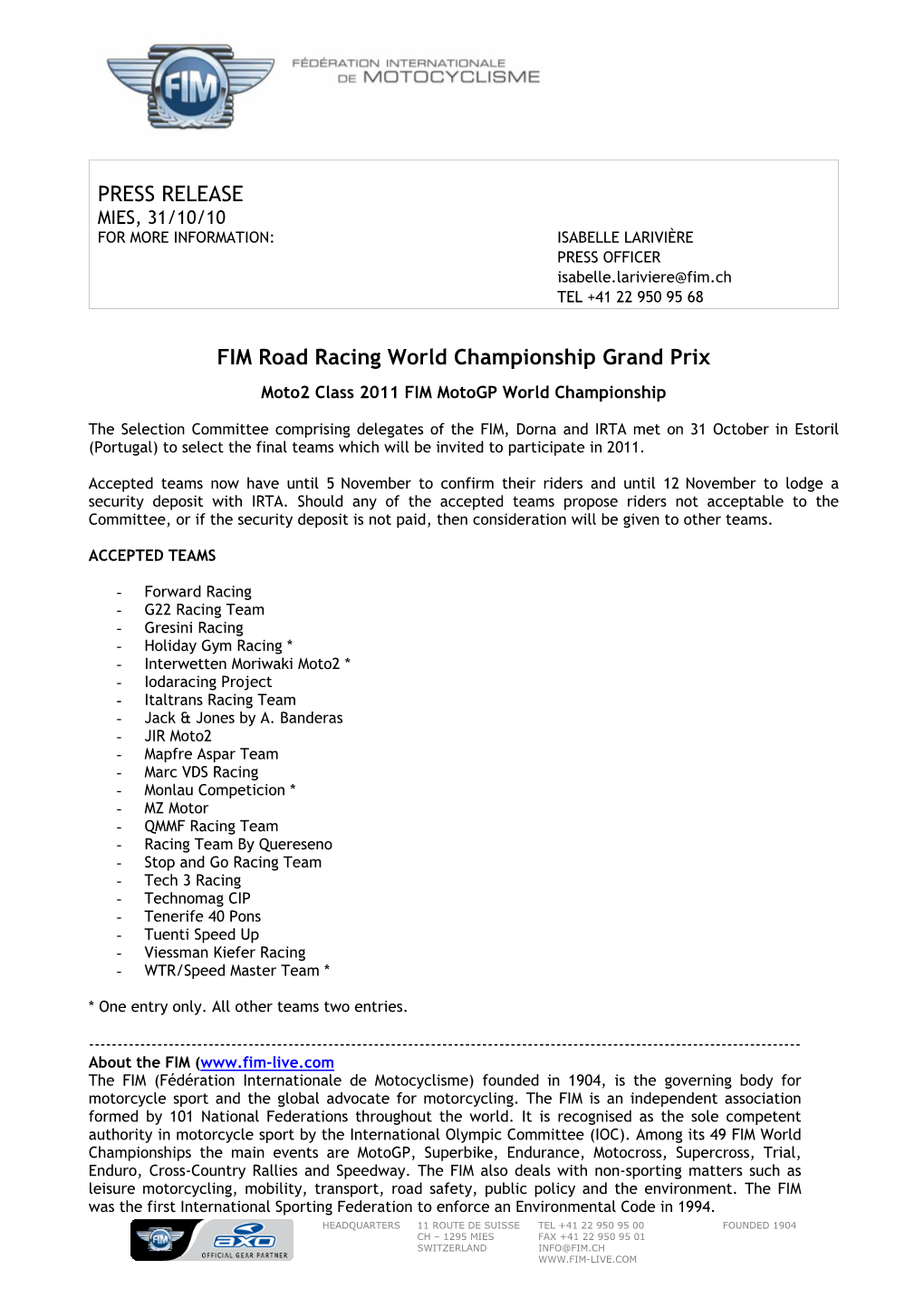 PRESS RELEASE FIM Road Racing World Championship Grand Prix