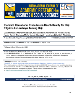 Standard Operational Procedure in Health Quality for Hajj Pilgrims by Lembaga Tabung Haji