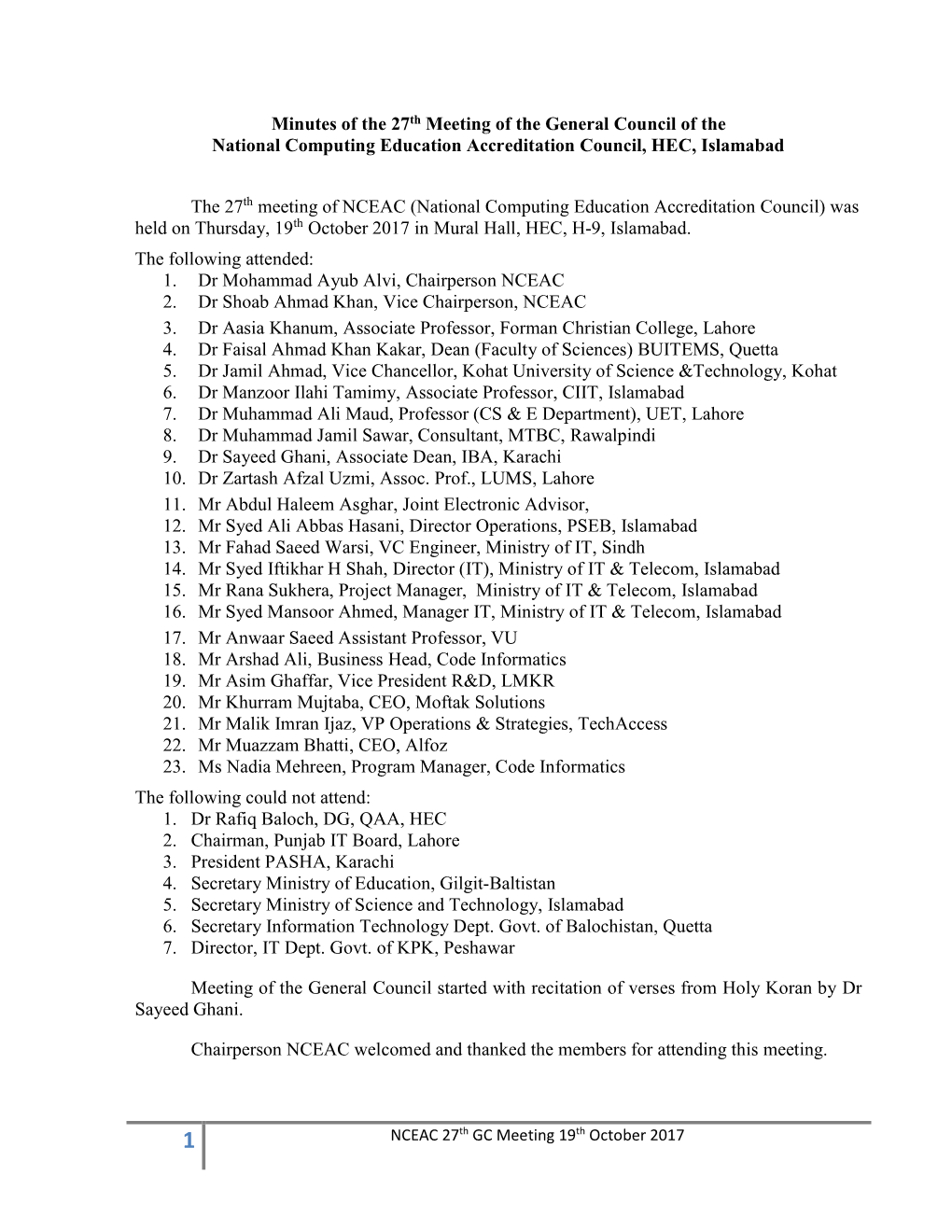 Minutes of the 27Th Meeting of the General Council of the National Computing Education Accreditation Council, HEC, Islamabad