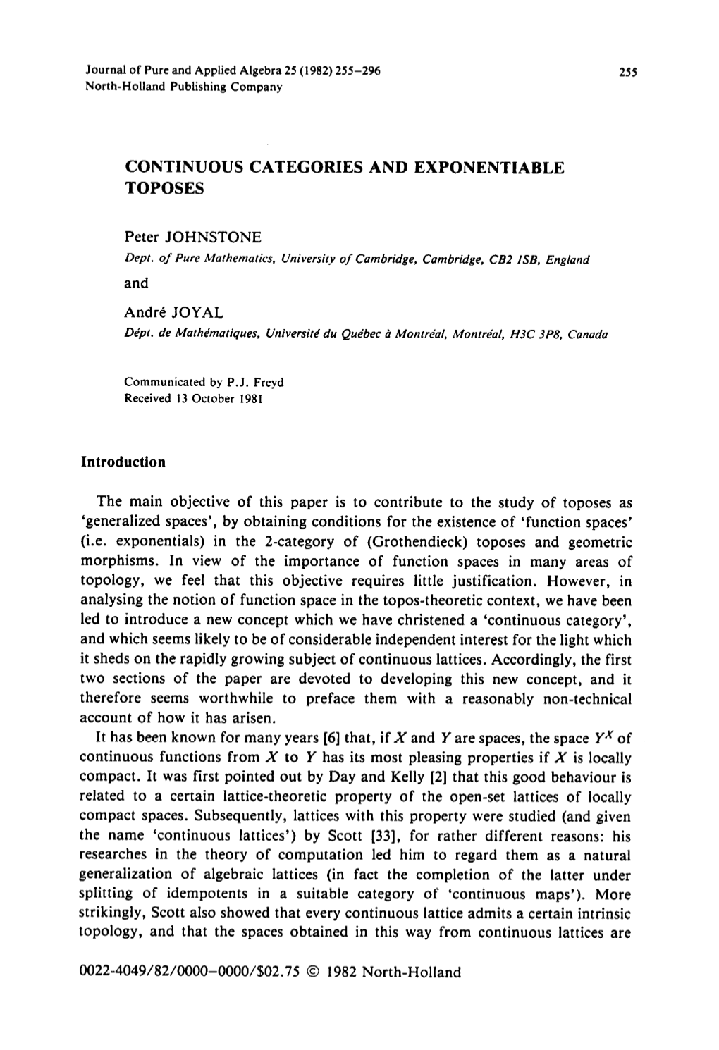 CONTINUOUS CATEGORIES and EXPONENTIABLE TOPOSES Peter