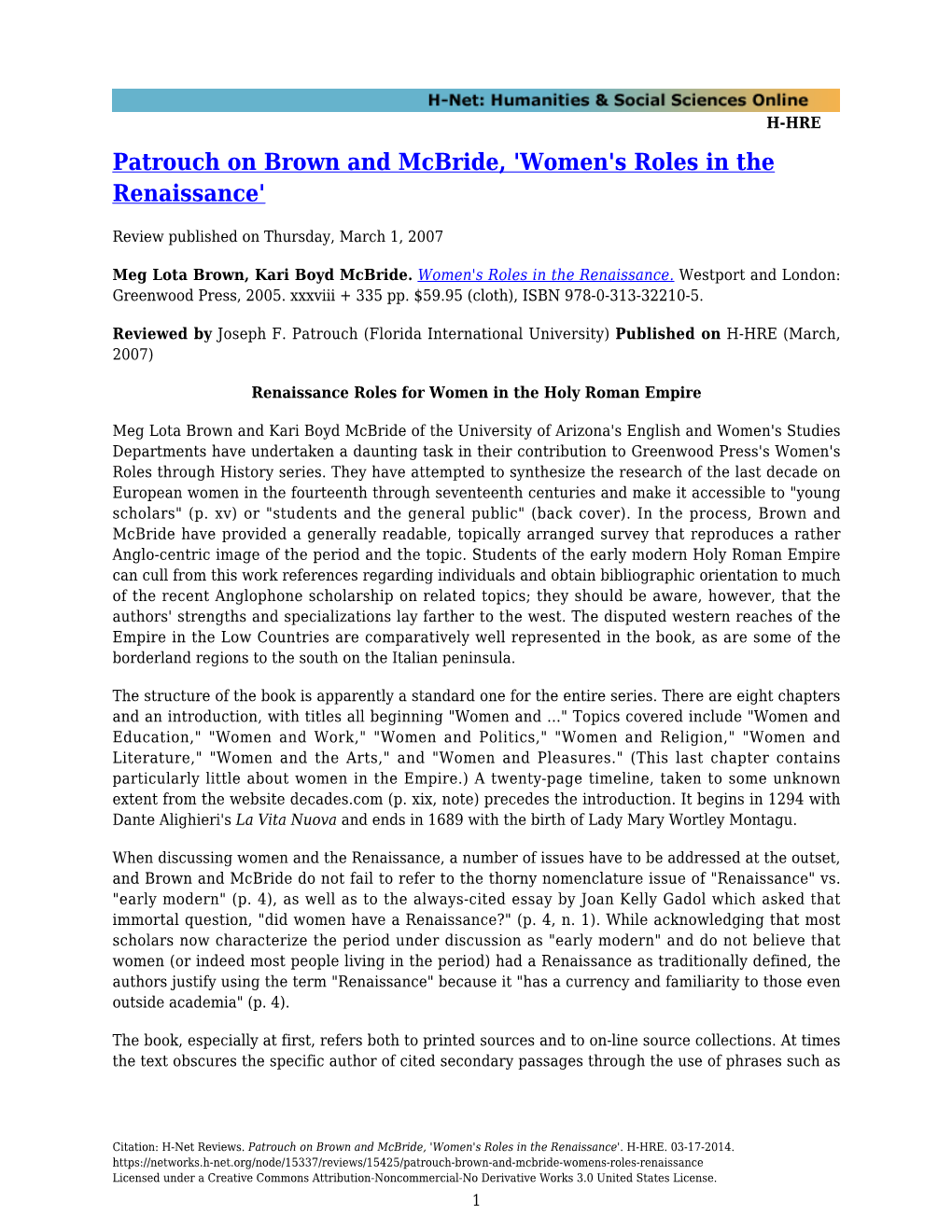 Patrouch on Brown and Mcbride, 'Women's Roles in the Renaissance'