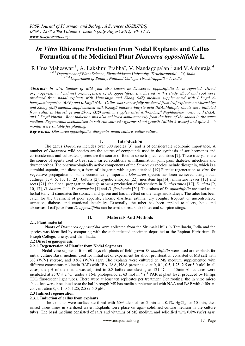 In Vitro Rhizome Production from Nodal Explants and Callus Formation of the Medicinal Plant Dioscorea Oppositifolia L