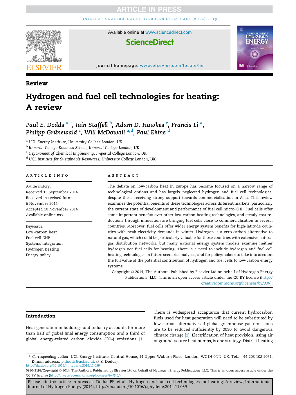 Hydrogen and Fuel Cell Technologies for Heating: a Review