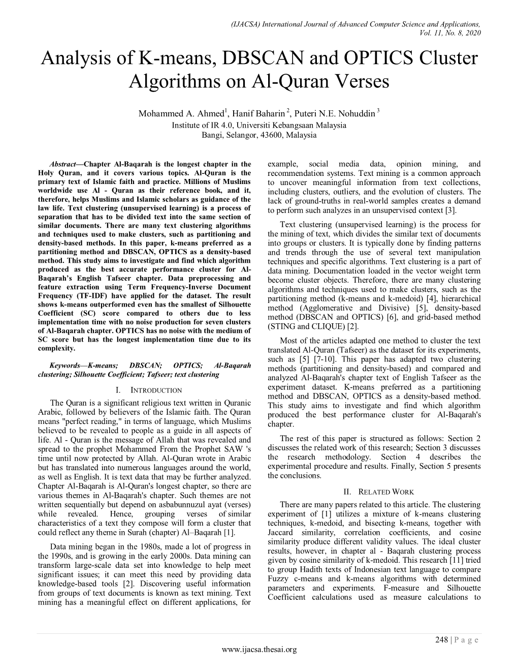 Analysis of K-Means, DBSCAN and OPTICS Cluster Algorithms on Al-Quran Verses