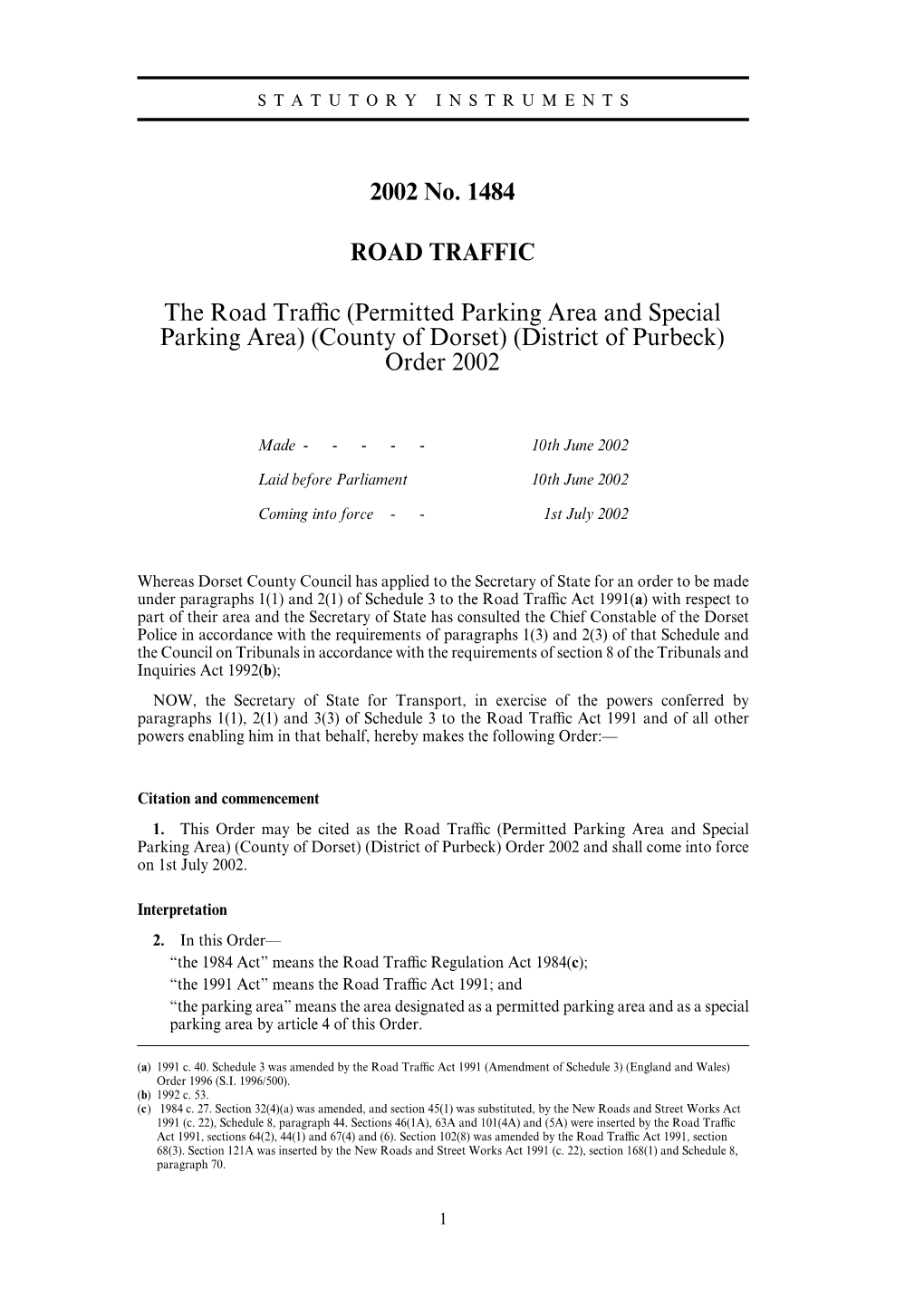 2002 No. 1484 ROAD TRAFFIC the Road Traffic