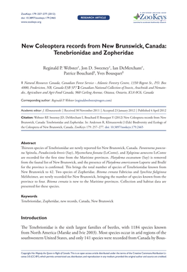 New Coleoptera Records from New Brunswick, Canada: Tenebrionidae and Zopheridae