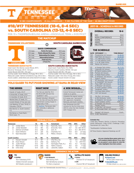 Vs. SOUTH CAROLINA (13-12, 4-8 SEC) OVERALL RECORD: 18-6 FEB