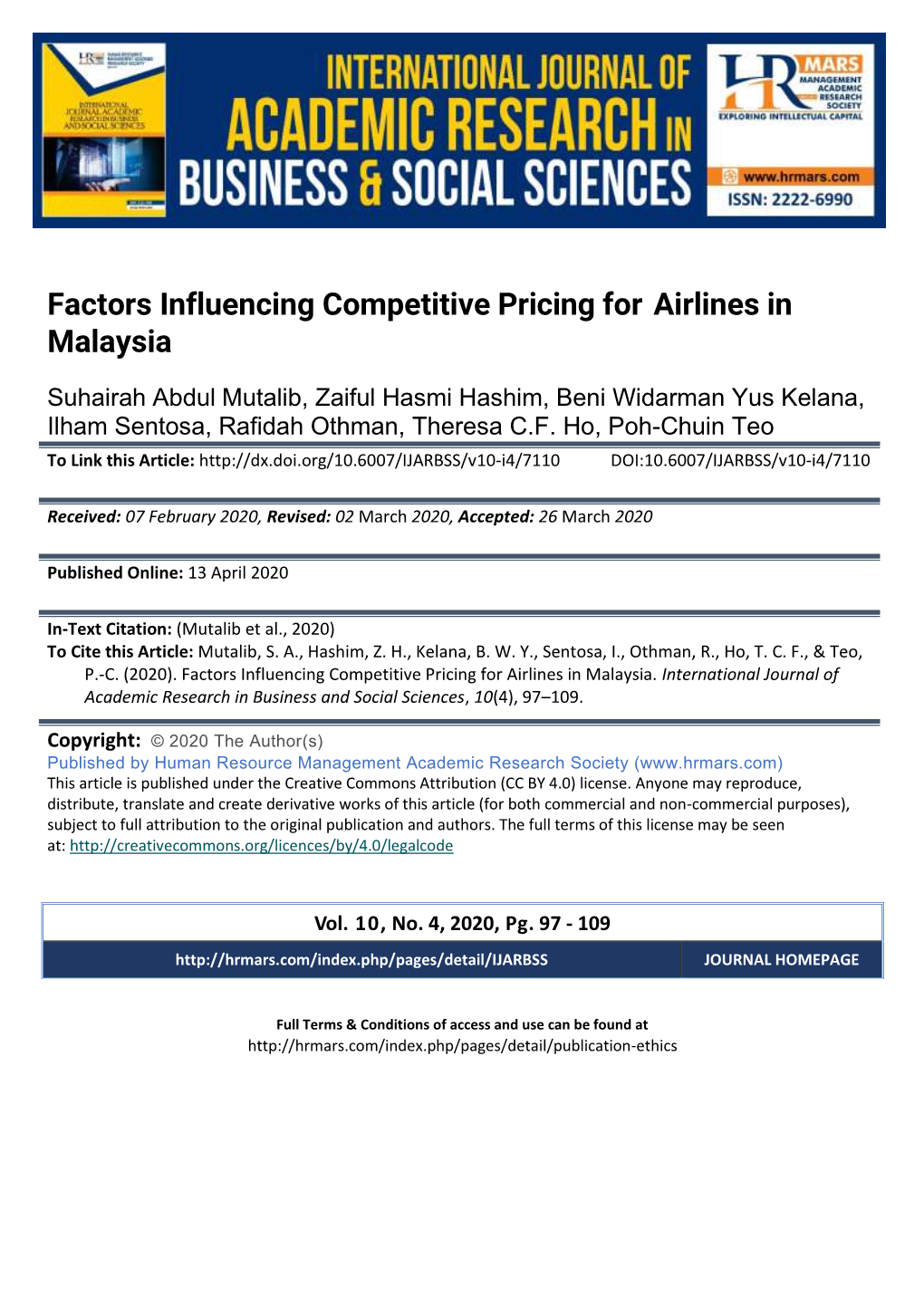 Factors Influencing Competitive Pricing for Airlines in Malaysia