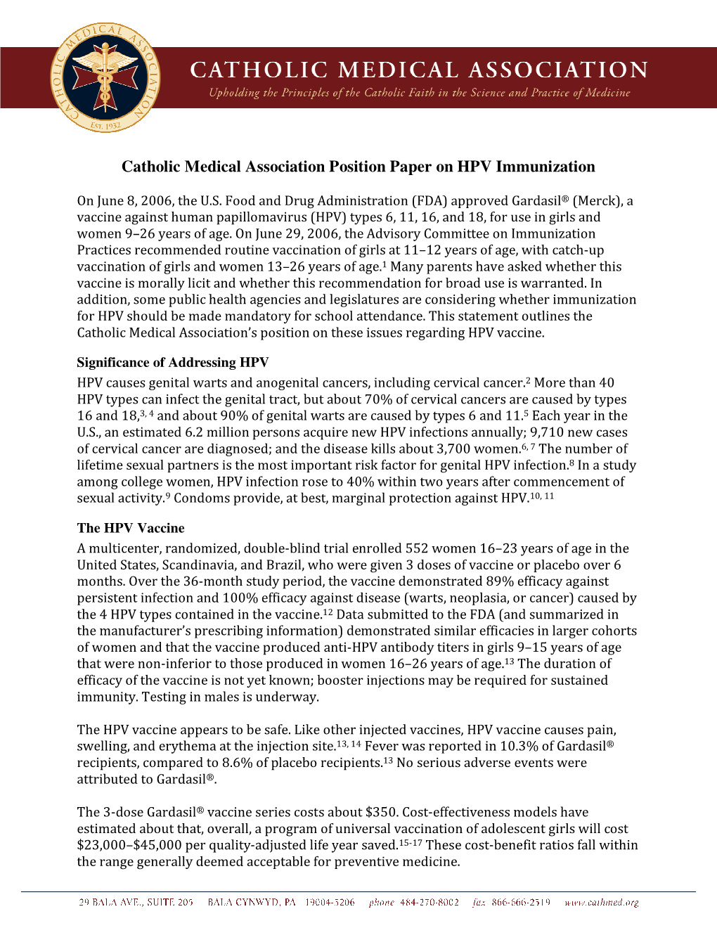 Catholic Medical Association Position Paper on HPV Immunization