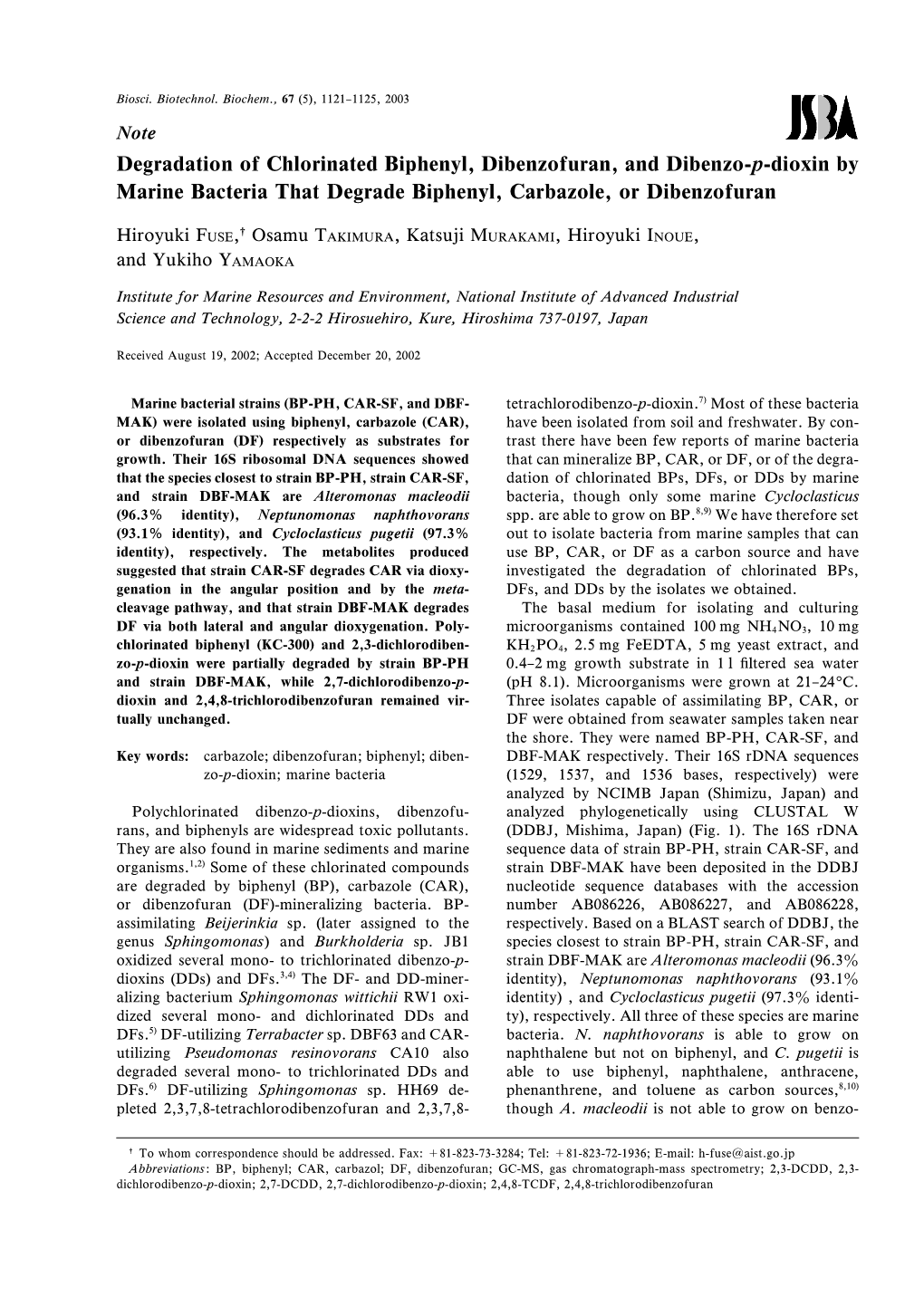 Degradation of Chlorinated Biphenyl, Dibenzofuran, and Dibenzo-P-Dioxin by Marine Bacteria That Degrade Biphenyl, Carbazole, Or Dibenzofuran