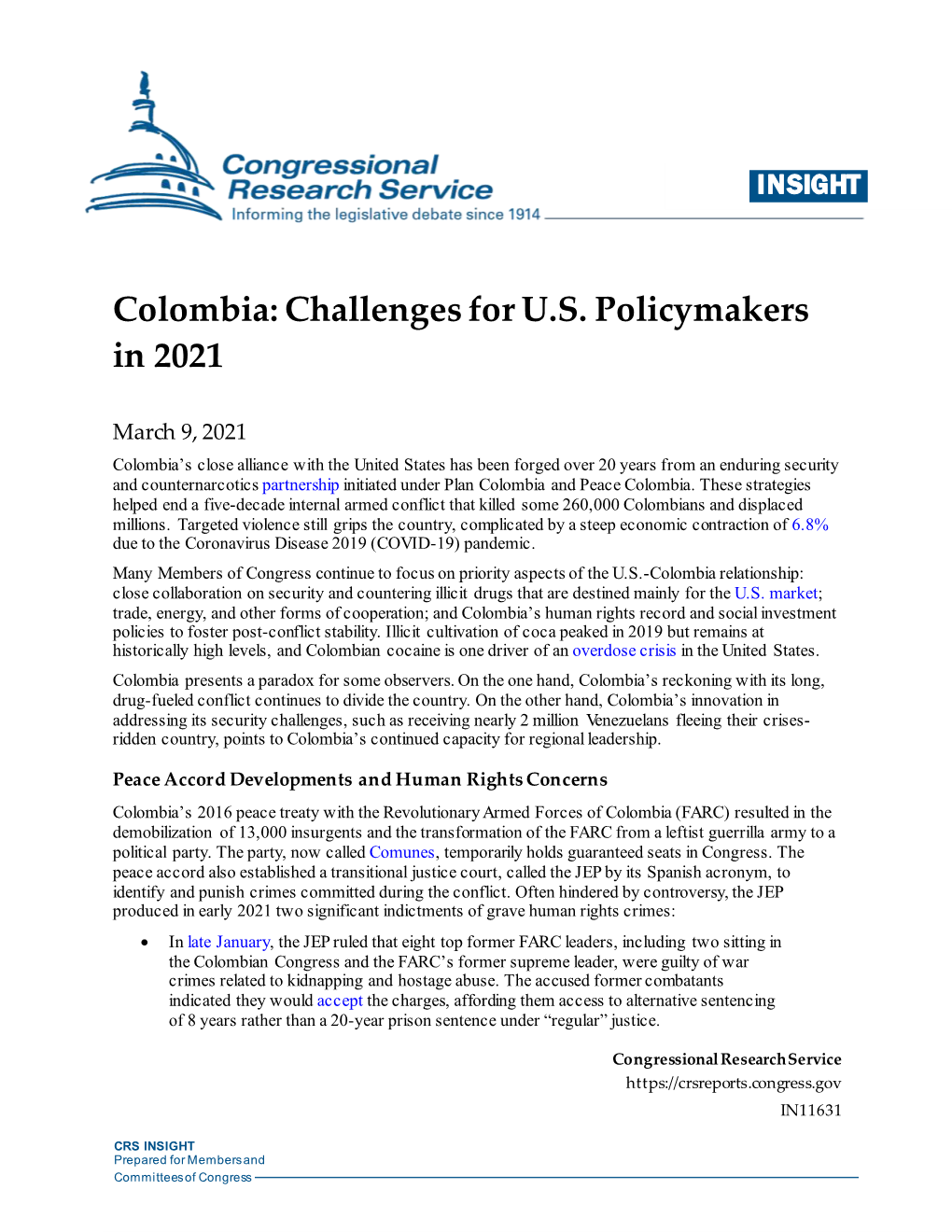 Colombia: Challenges for U.S. Policymakers in 2021