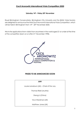 Cecil Aronowitz International Viola Competition 2020 PRIZES to BE