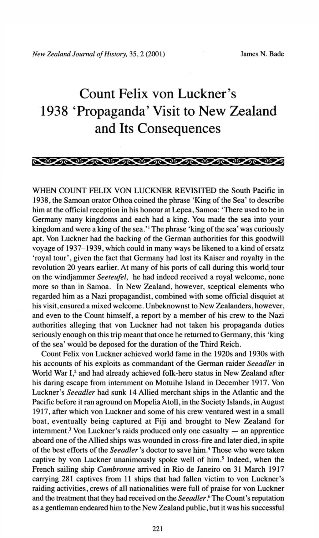 Count Felix Von Luckner's 1938 'Propaganda' Visit to New Zealand and Its Consequences