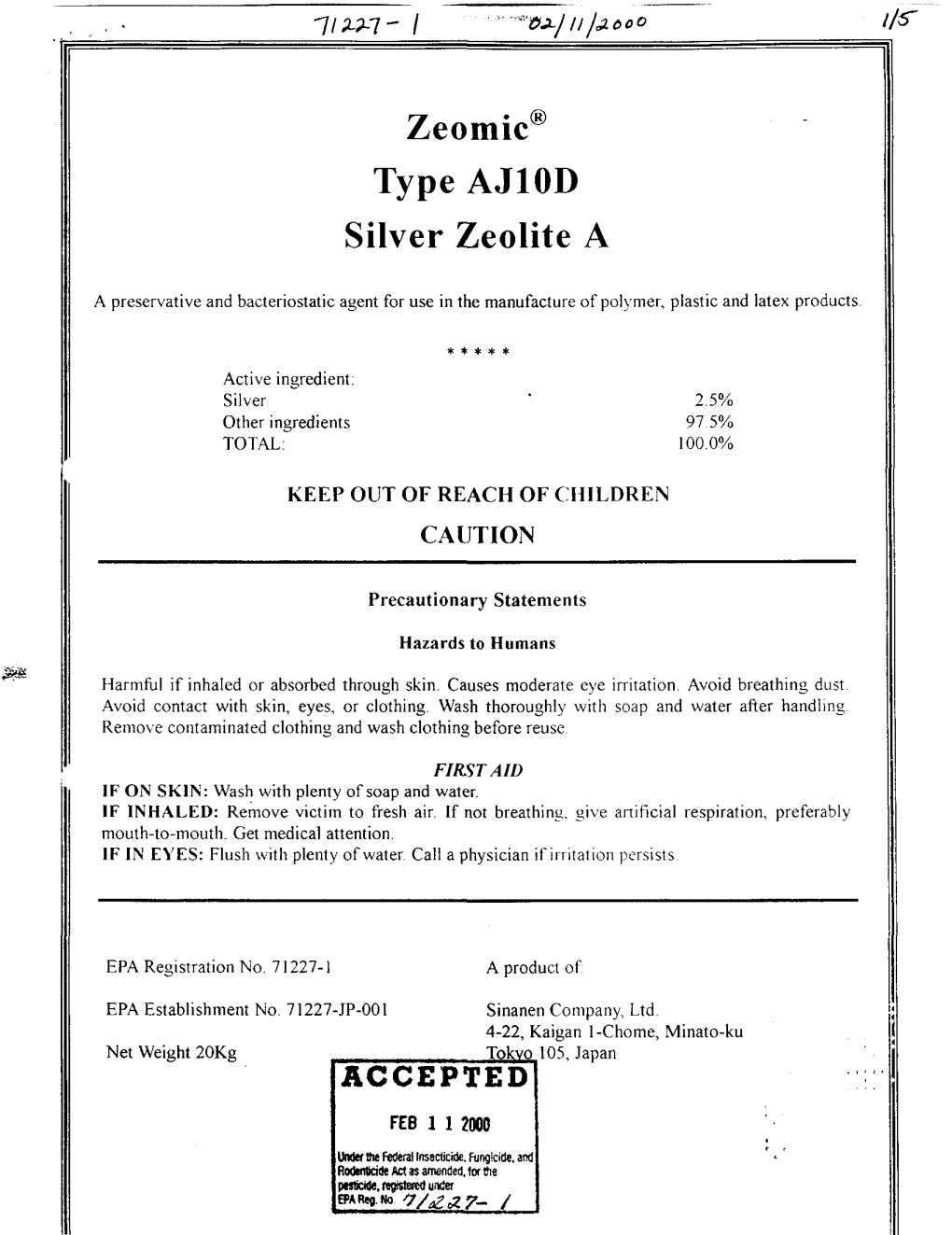 U.S. EPA, Pesticide Product Label, ZEOMIC TYPE AJ SILVER ZEOLITE