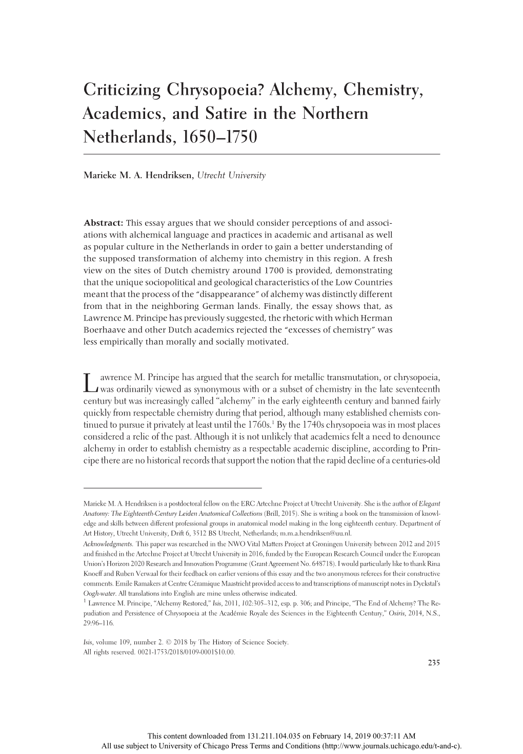 Criticizing Chrysopoeia? Alchemy, Chemistry, Academics, and Satire in the Northern Netherlands, 1650–1750