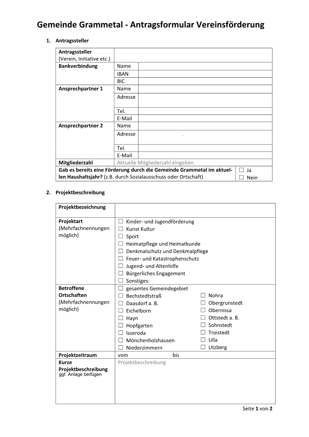 Gemeinde Grammetal - Antragsformular Vereinsförderung