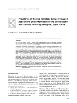 Prevalence of the Dog Nematode Spirocerca Lupi in Populations of Its Intermediate Dung Beetle Host in the Tshwane (Pretoria) Metropole, South Africa