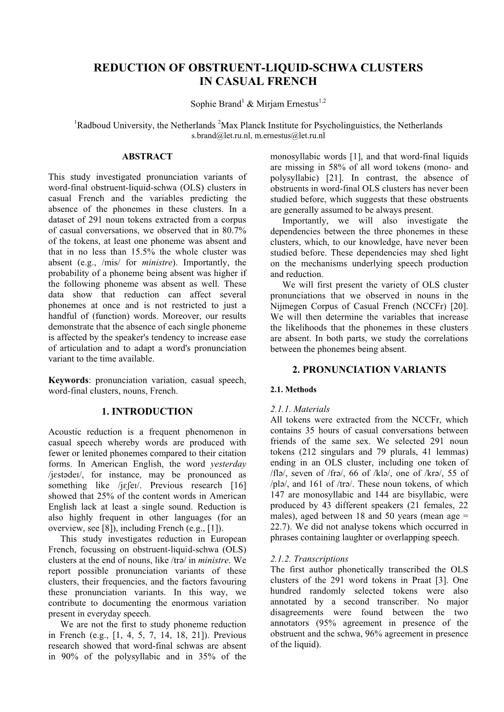 Reduction of Obstruent-Liquid-Schwa Clusters in Casual French