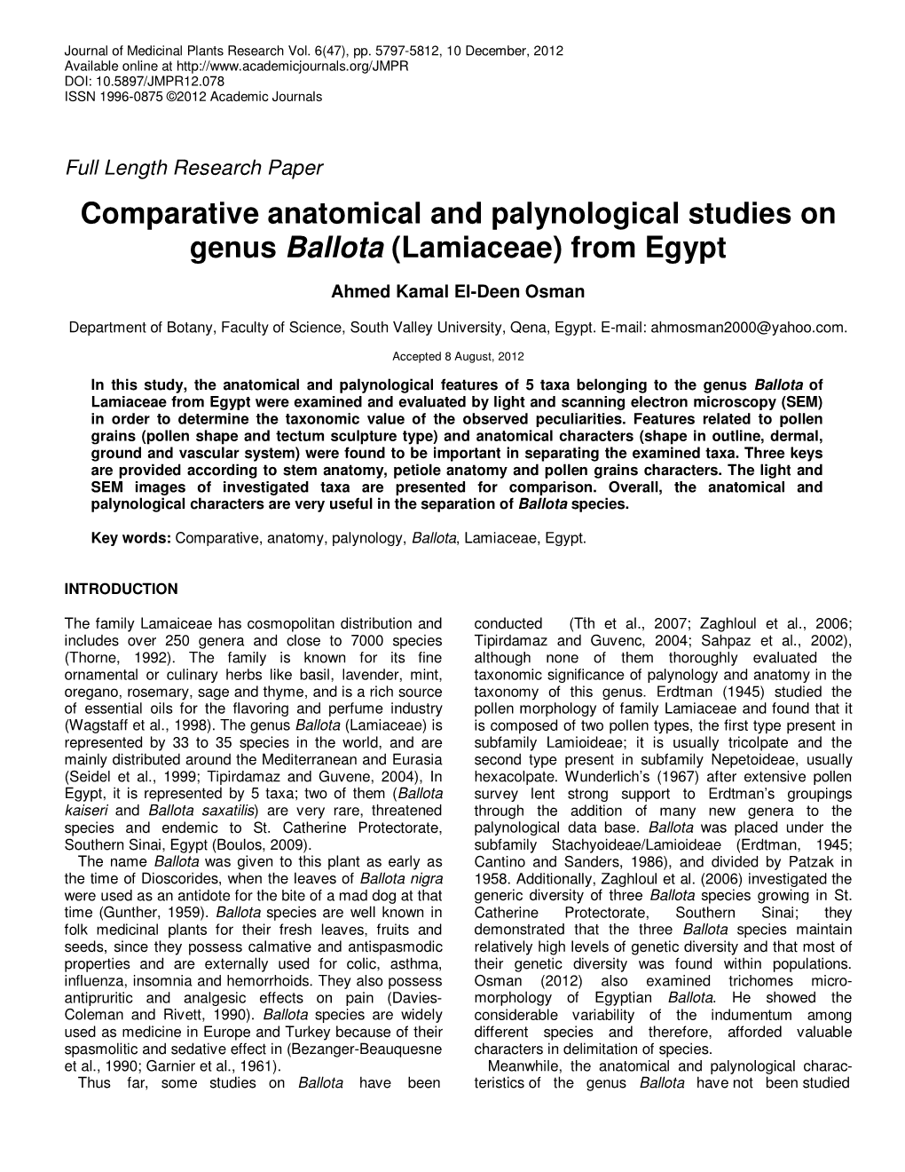 Comparative Anatomical and Palynological Studies on Genus Ballota (Lamiaceae) from Egypt