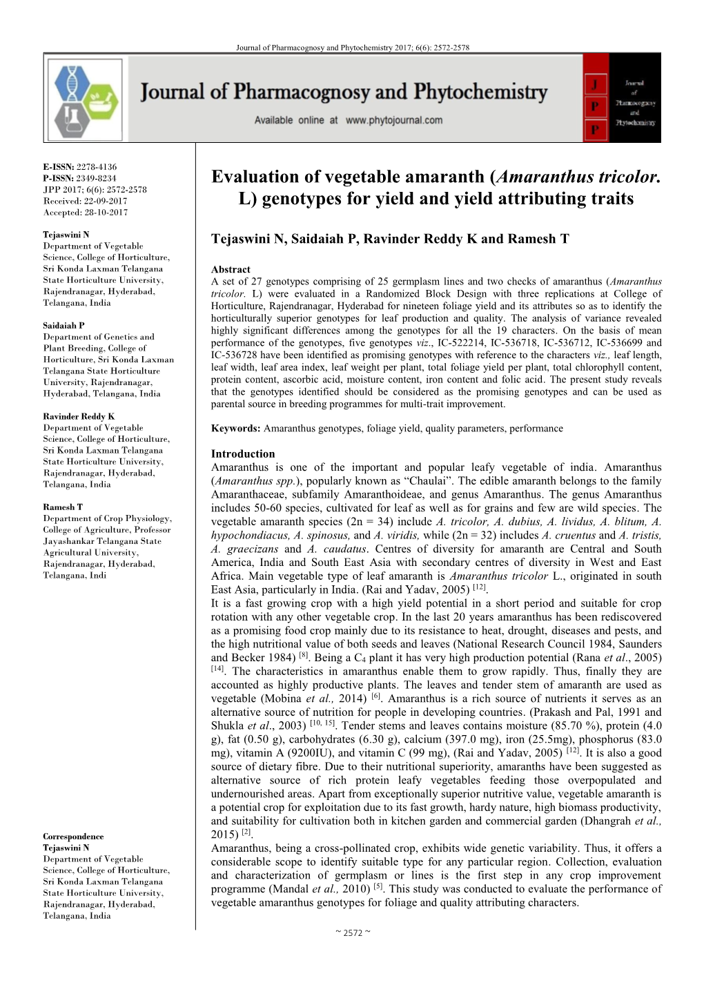 Evaluation of Vegetable Amaranth (Amaranthus Tricolor. L) Genotypes for Yield and Yield Attributing Traits