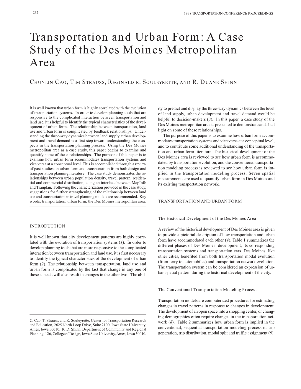 Transportation and Urban Form: a Case Study of the Des Moines Metropolitan Area