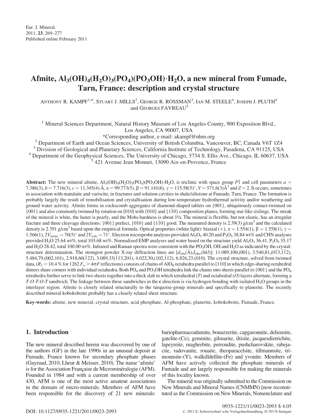 Afmite, Al3(OH)4(H2O)3(PO4)(PO3OH)БH2O, a New Mineral from Fumade, Tarn, France