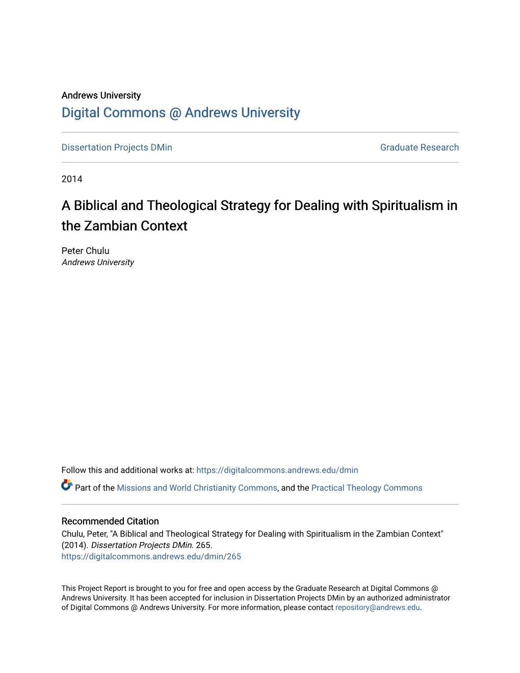 A Biblical and Theological Strategy for Dealing with Spiritualism in the Zambian Context