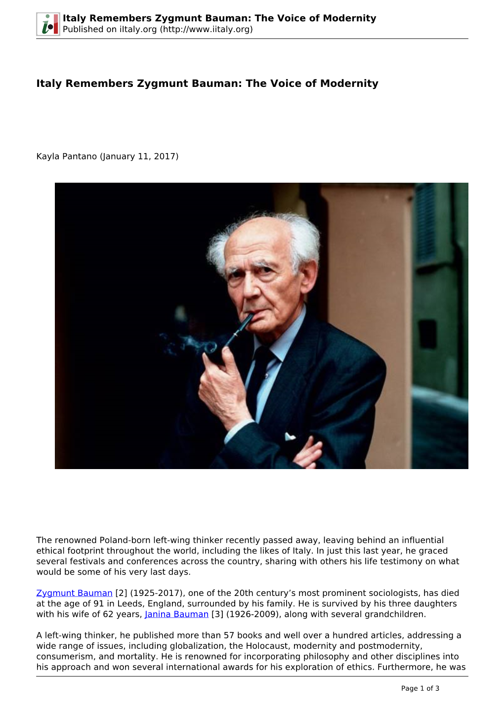 Italy Remembers Zygmunt Bauman: the Voice of Modernity Published on Iitaly.Org (