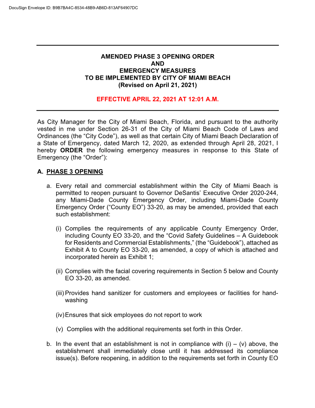 AMENDED PHASE 3 OPENING ORDER and EMERGENCY MEASURES to BE IMPLEMENTED by CITY of MIAMI BEACH (Revised on April 21, 2021)