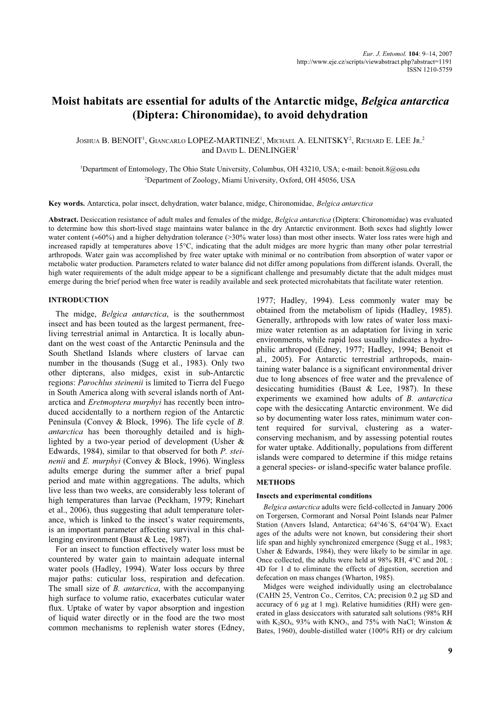 Moist Habitats Are Essential for Adults of the Antarctic Midge, Belgica Antarctica (Diptera: Chironomidae), to Avoid Dehydration