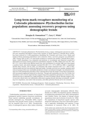 Long-Term Mark-Recapture Monitoring of a Colorado Pikeminnow Ptychocheilus Lucius Population: Assessing Recovery Progress Using Demographic Trends