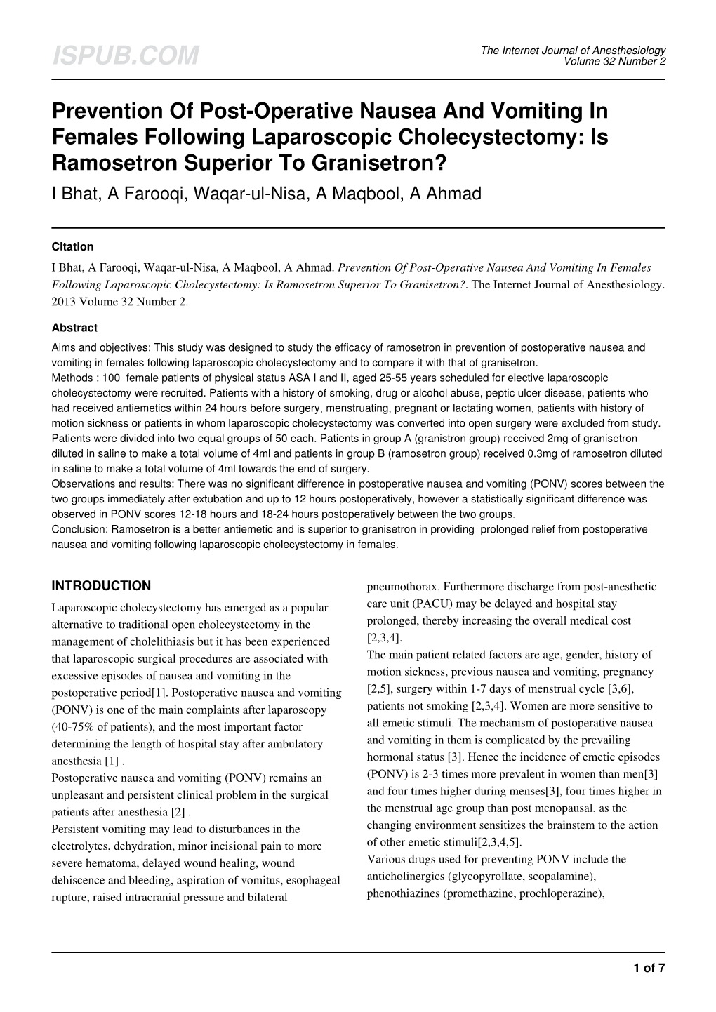 Prevention of Post-Operative Nausea and Vomiting In